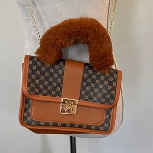 Brown Patterned Handbag with Faux Fur Handle NEW